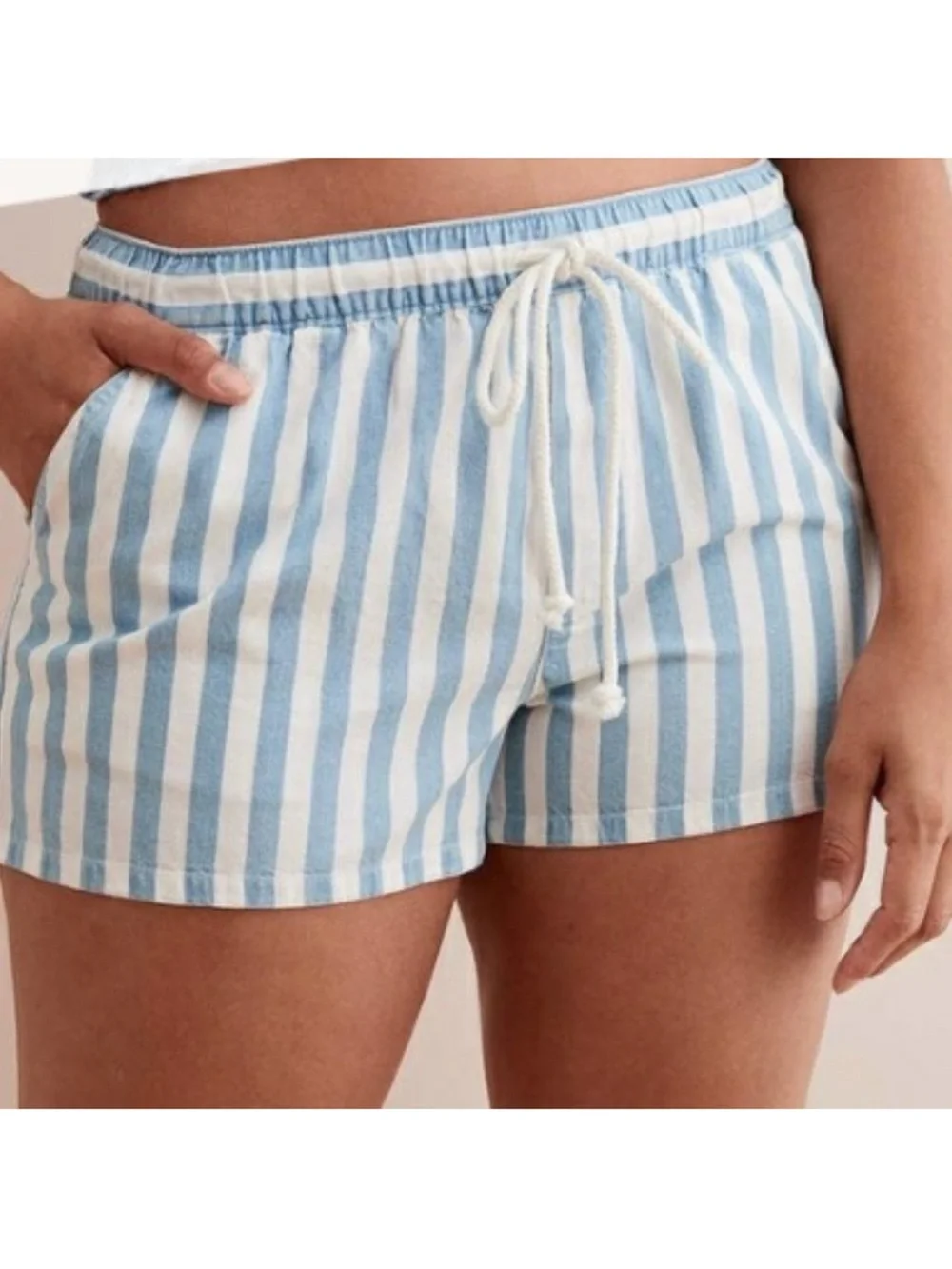 aerie Light Blue & White Striped Drawstring Bermuda Shorts